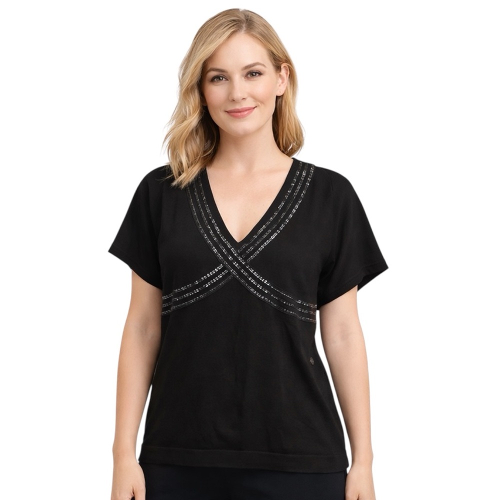 Ann Taylor LOFT Black V-Neck Sequin Trim Blouse Short Sleeve Size M